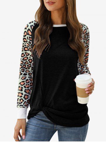 Camiseta Anudado de Manga Raglán con Estampado de Leopardo de Talla Extra - BLACK - L