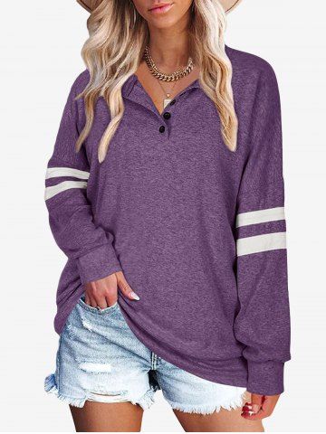 Plus Size Half Button Drop Shoulder Striped T-shirt - PURPLE - 3XL