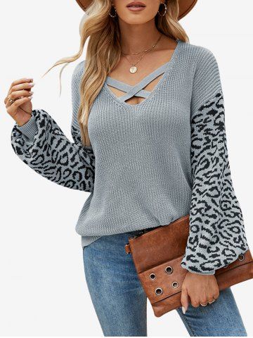 Plus Size Drop Shoulder Crisscross Leopard Print Sweater - GRAY - S