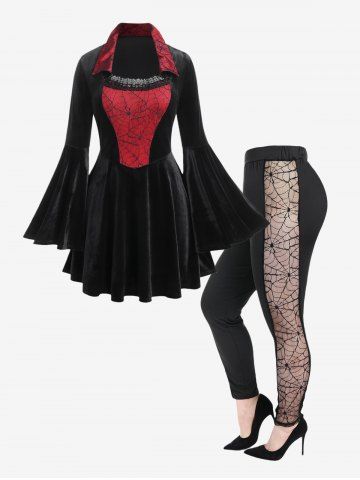 Halloween Lace Trim Spider Web Colorblock Flare Sleeves Dress and Gothic Spider Web Panel Pants Outfit - BLACK
