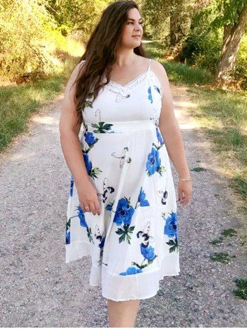 Plus Size & Curve Butterfly Flower Guipure Lace Midi Sundress - BLUE - 3X