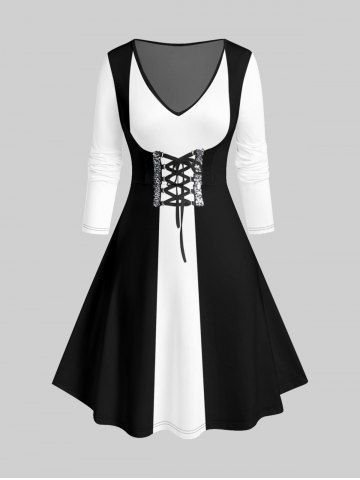 Plus Size 3D Lace Up Print Two Tone Dress