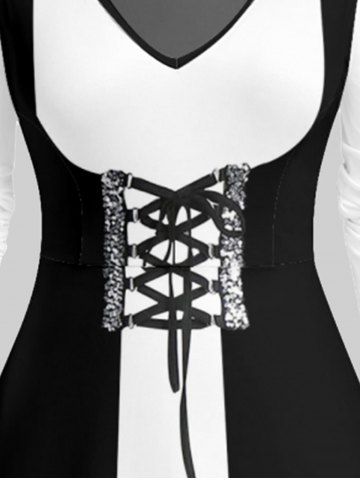 Plus Size 3D Lace Up Print Two Tone Dress