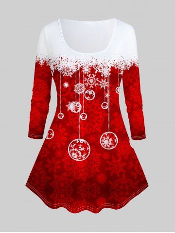 Plus Size Christmas Snowflake Printed Colorblock Long Sleeves Tee - RED - 1X | US 14-16