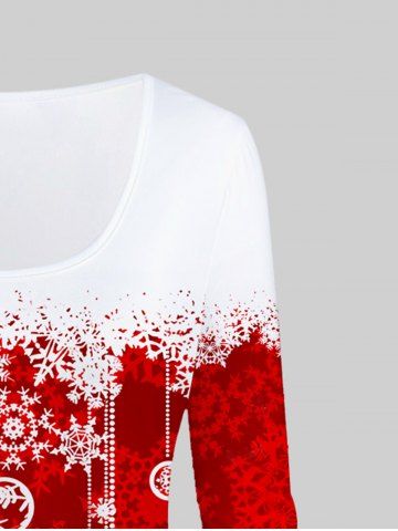 Plus Size Christmas Snowflake Printed Colorblock Long Sleeves Tee