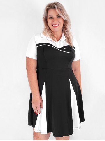 Plus Size Shirt Collar Two Tone A Line Dress - BLACK - L | US 12