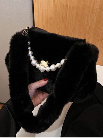 Solid Color Faux Pearl Chain Decor Fuzzy Shoulder Bag - BLACK