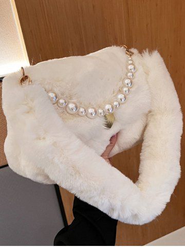 Solid Color Faux Pearl Chain Decor Fuzzy Shoulder Bag - WHITE