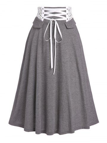 Heather Lace Up Lace Panel Elastic Waist A Line Midi Skirt - DARK GRAY - XXL