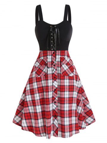 Colorblock Plaid Print Panel Lace Up Front Pocket High Waisted A Line Dress - RED - S