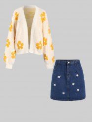 Flower Open Front Drop Shoulder Mohair Cardigan and Daisy Embroidered Denim Mini Bodycon Skirt Plus Size Outerwear Outfit -  