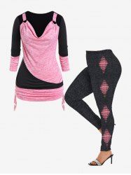 Plus Size Two Tone Cowl Neck Rings Ruched Detail Top and 3D Ripped Print Leggings Outfits -  