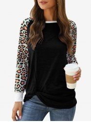 Plus Size Leopard Print Raglan Sleeve Knotted T-shirt -  