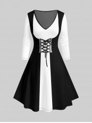 Plus Size 3D Lace Up Print Two Tone Dress -  