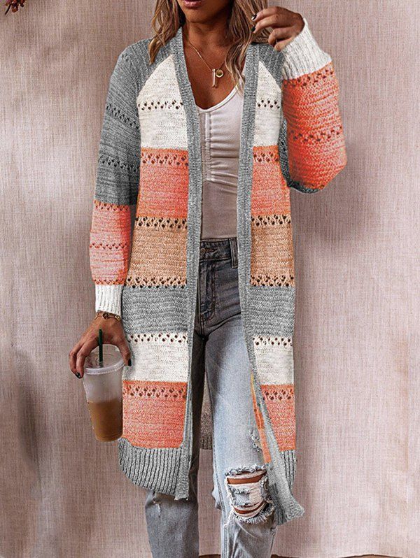 Fashion Contrast Colorblock Textured Knit Open Front Long Sleeve Cardigan  