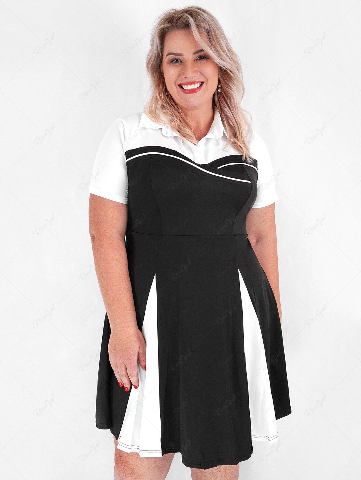 Online Plus Size Shirt Collar Two Tone A Line Dress  