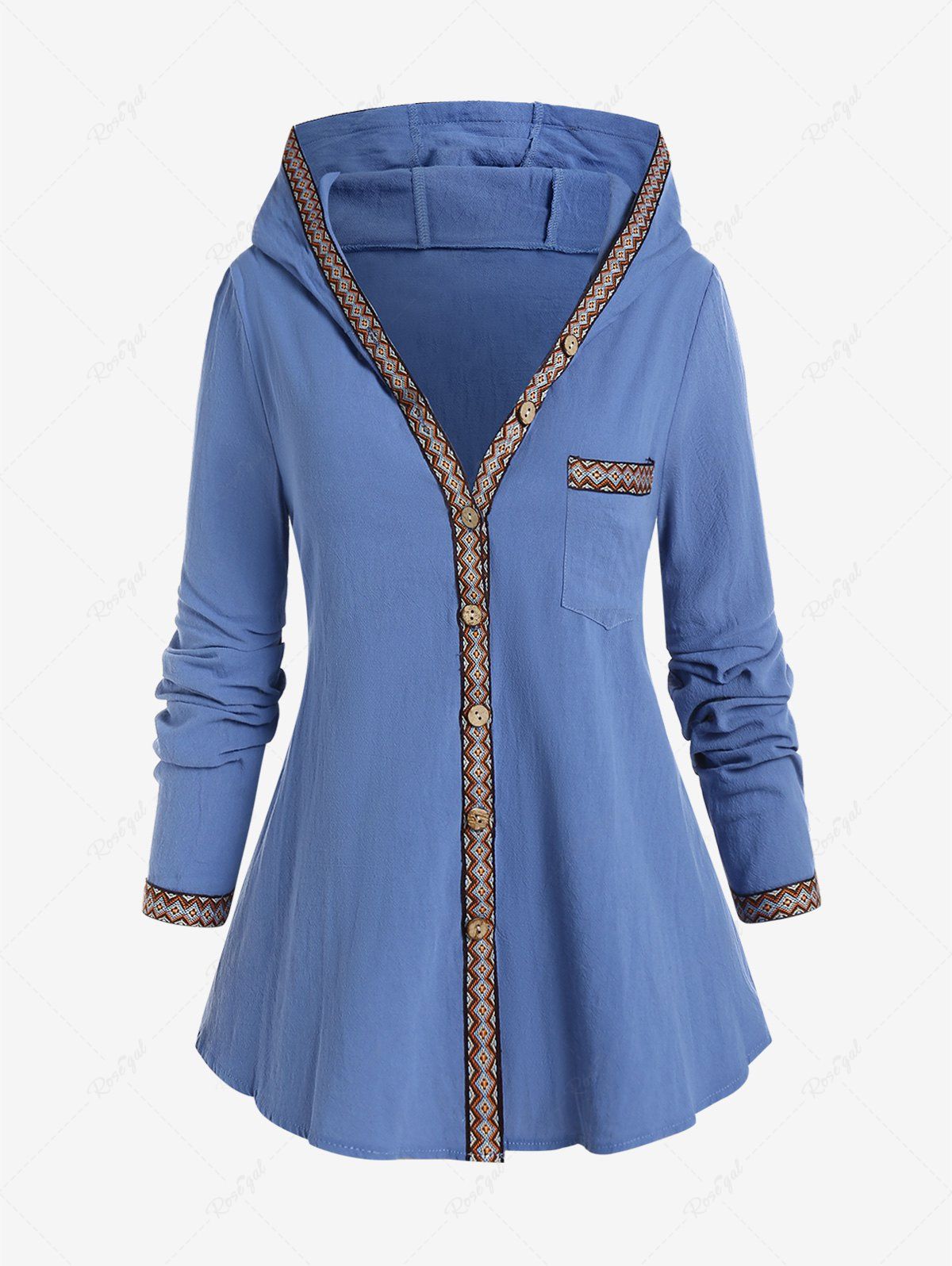 Outfit Plus Size Hooded Geometry Tape Pocket Button Up Shirt  