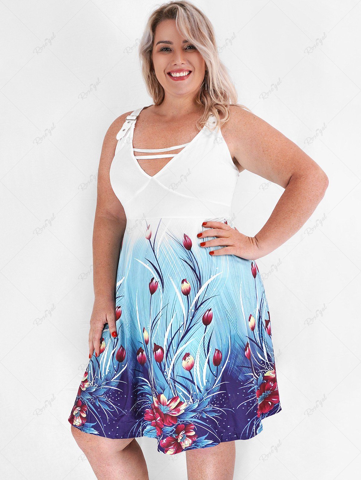New Plus Size Plunge O Ring Floral Print Dress  