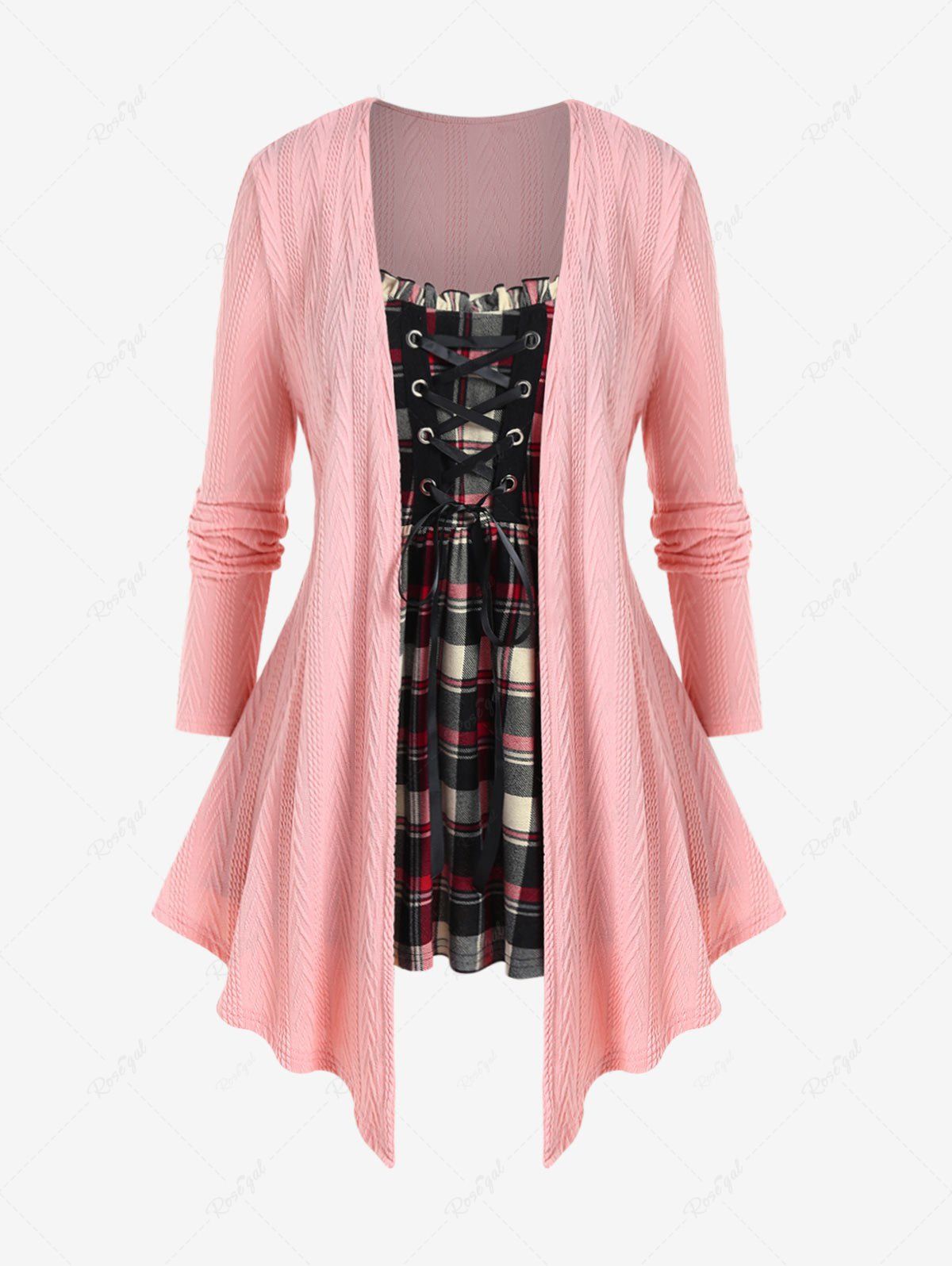 Sale Plus Size Frilled Plaid Panel Lace-up Textured Knit 2 In 1 Top  