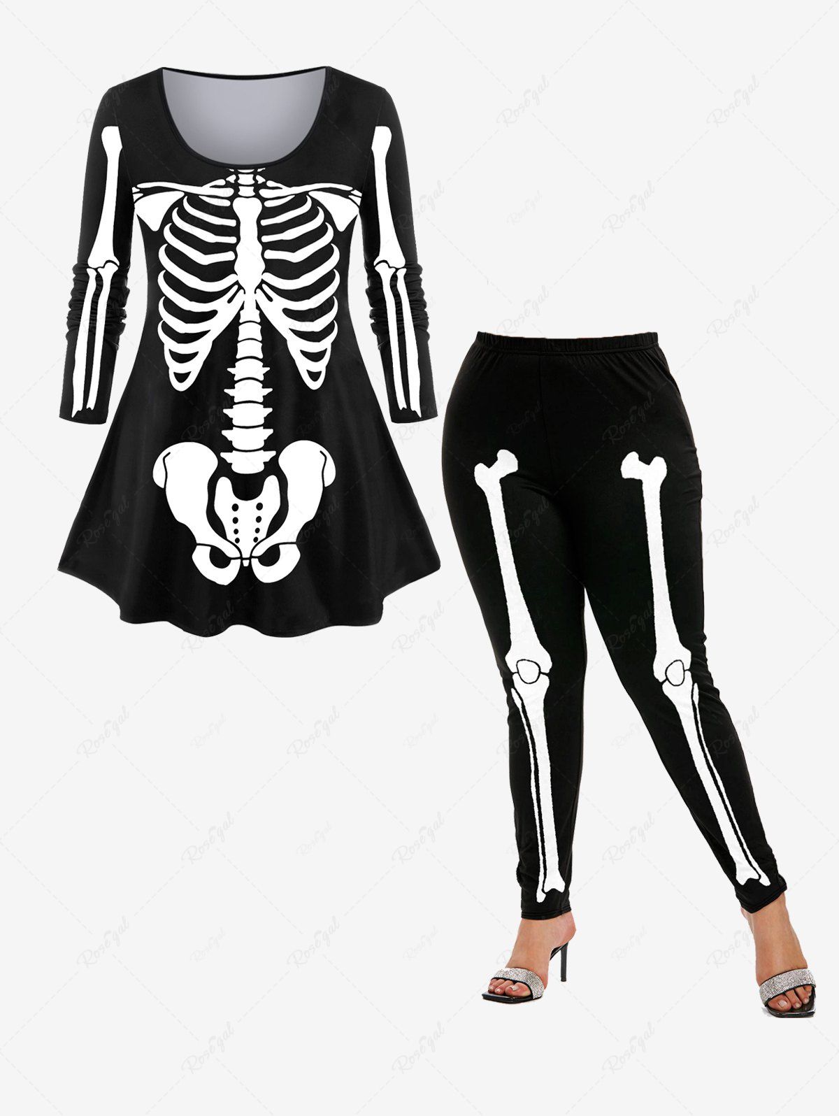 Ensemble de T-shirt Costume D'Halloween à à Imprimé Squelette à Manches Longues et Legging Moulant Noir 
