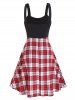 Colorblock Plaid Print Panel Lace Up Front Pocket High Waisted A Line Dress -  