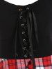 Colorblock Plaid Print Panel Lace Up Front Pocket High Waisted A Line Dress -  