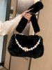 Sac à Bandoulière Décoré de Fausse Perle avec Chaîne en Couleur Unie - Noir 