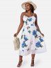 Robe D'Eté Mi-Longue en Dentelle Fleur Papillon de Grande Taille - Bleu 5X