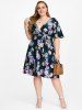 Flutter Sleeve Belted Floral Print Plus Size Bohemian Midi Dress -  