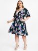 Flutter Sleeve Belted Floral Print Plus Size Bohemian Midi Dress -  