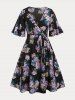 Flutter Sleeve Belted Floral Print Plus Size Bohemian Midi Dress -  