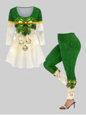 Plus Size Christmas Tree Bowknot Ball Print T-shirt and Leggings Outfits
