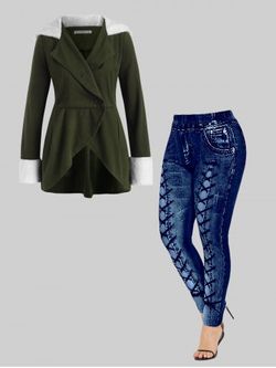 Fluffy Panel Hooded Wool Blend Coat and High Waisted 3D Printed Leggings Plus Size Outerwear Outfit - DEEP GREEN