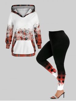 Christmas Snowflake Plaid Print Hoodie and High Rise Plaid Leggings Plus Size Outerwear Outfit - DEEP RED