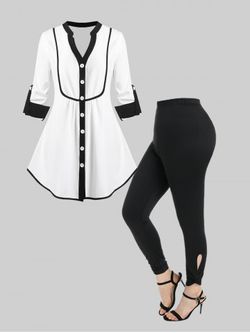 Colorblock Roll Up Sleeve Shirt and Cutout Twist Skinny Leggings Plus Size Outfit - BLACK
