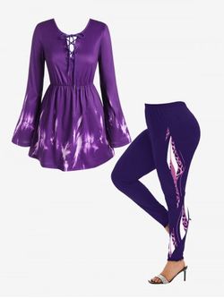 Bell Sleeve Bowknot Lace Up Blouse and Skinny Leggings Plus Size Fall Outfit - PURPLE