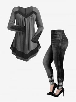 Plus Size Lace Crochet Colorblock Irregular T-shirt and Plaid 3D Denim Print Jeggings Outfits - GRAY