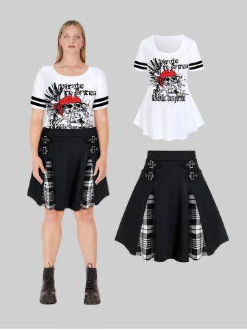 Ensemble de T-shirt Gothique Graphique à Crâne et Mini Jupe Ligne A de Grande Taille