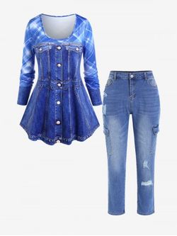Plus Size 3D Jean Print Plaid Long Sleeves T-shirt and Pocket Ripped Jeans Outfit - BLUE