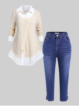 Plus Size Two Tone Long Sleeves 2 in 1 Sweater and Fade Jeans Outfit