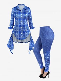 Plaid High Low Longline Top and 3D Print Jeggings Plus Size Fall Outfit - BLUE