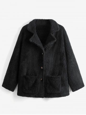 Manteau en Fausse Fourrure de Grande Taille avec Poche à Col Revers - BLACK - 4XL