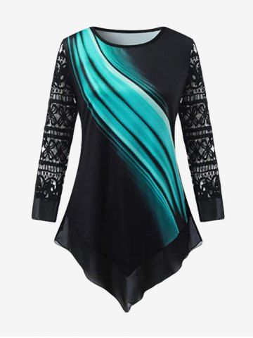 Plus Size Abstract Print Guipure Lace Sleeves Asymmetrical Top - BLUE - XL