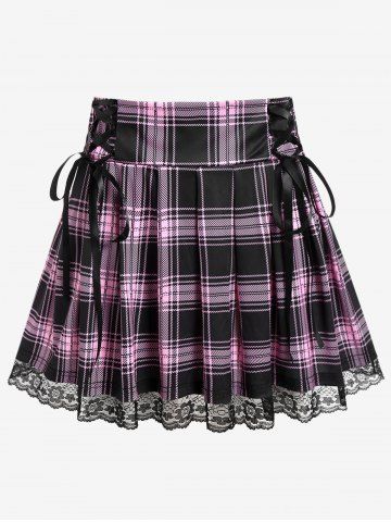 Plus Size Plaid Lace Up Mini Pleated Skirt - LIGHT PINK - 3X | US 22-24