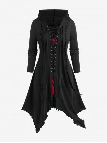 Gothic Lace-up Hooded Two Tone Trim Handkerchief Longline Coat - BLACK - M | US 10