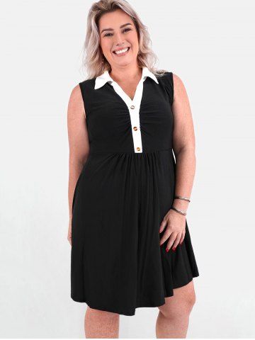 Plus Size Sleeveless Colorblock Belted Knee Length Dress - BLACK - M | US 10