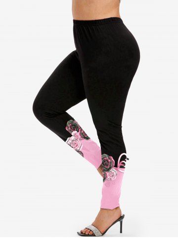 Plus Size High Rise Rose Print Colorblock Leggings