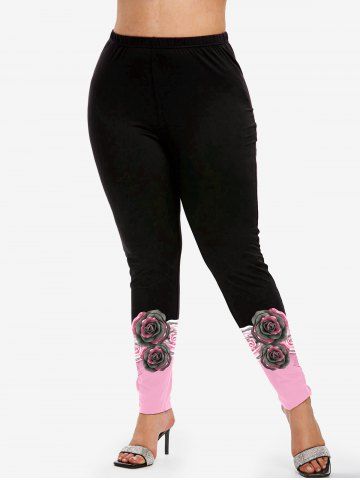 Plus Size High Rise Rose Print Colorblock Leggings