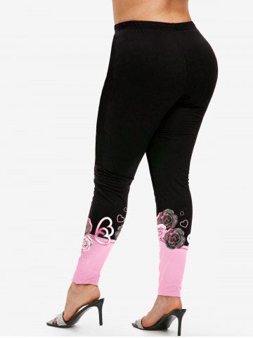 Plus Size High Rise Rose Print Colorblock Leggings