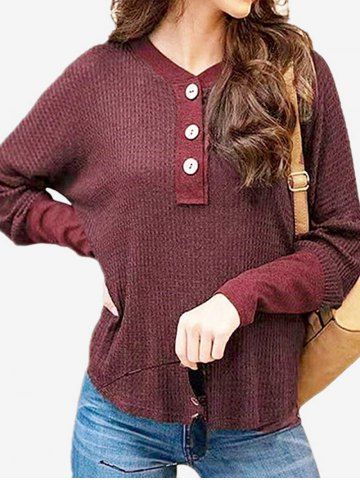 Plus Size V Neck Half Button Knitwear - DEEP RED - S